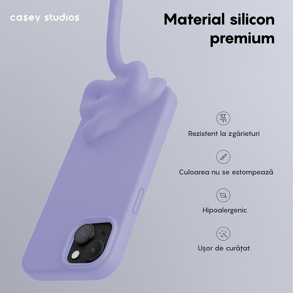 Husa CASEY STUDIOS™ compatibila cu iPhone 13 Mini, Soft Silicone Premium, Microfibra in Interior, Light Lilac, de Protectie, Ultra Slim, pentru Incarcare Wireless, Margini Ridicate de Protectia Ecranului si a Camerelor