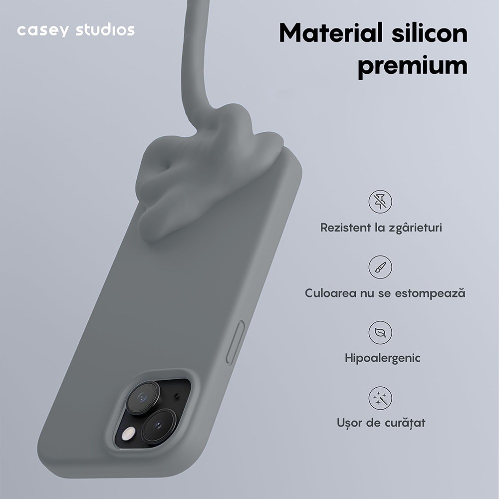 Husa CASEY STUDIOS™ pentru Apple iPhone 13, Soft Silicone Premium, Microfibra in Interior, Dark Gray, de Protectie, Ultra Slim, pentru Incarcare Wireless, Margini Ridicate pentru Protectia Ecranului si a Camerelor