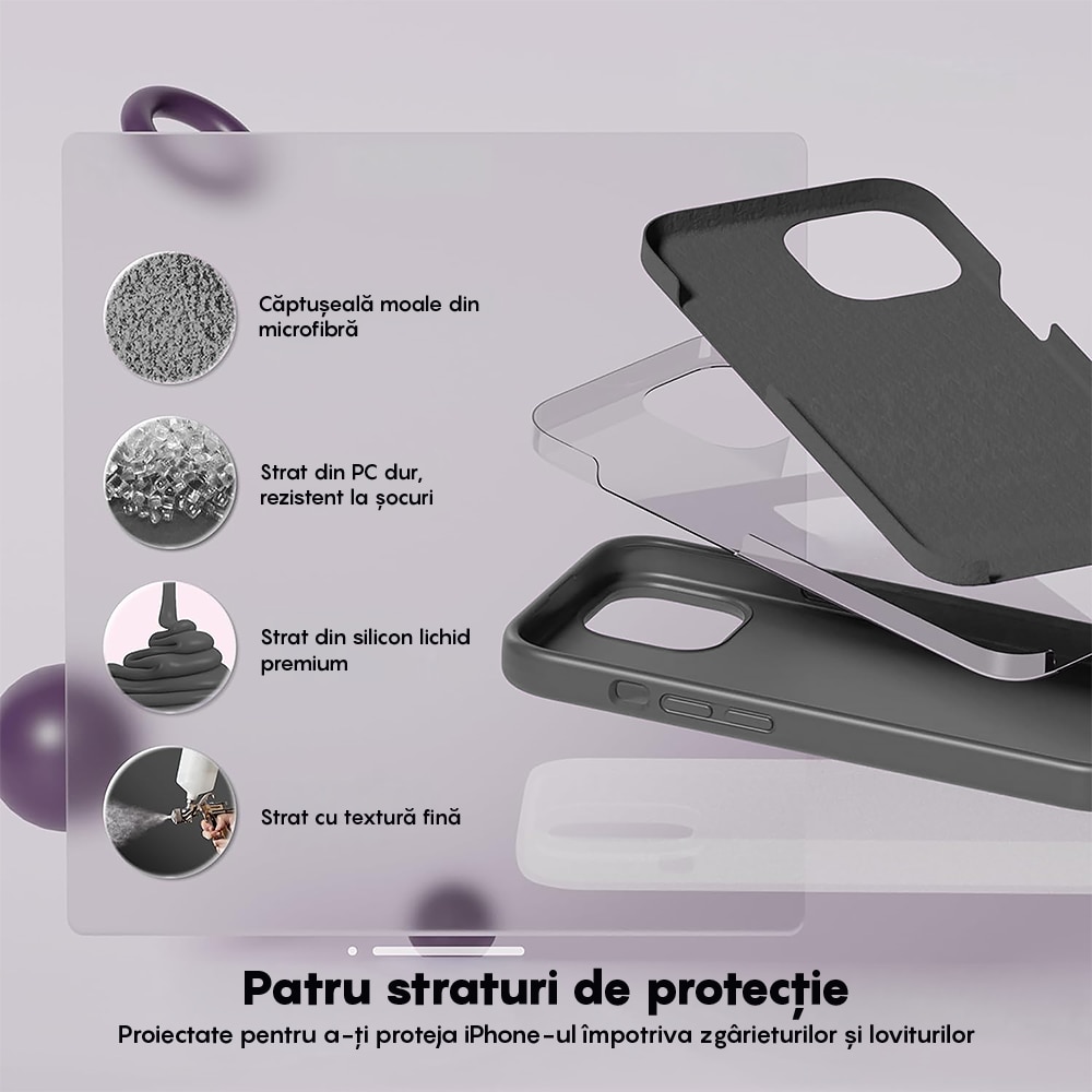 Husa CASEY STUDIOS™ compatibila cu iPhone 13, Soft Silicone Premium, Microfibra in Interior, Dark Gray, de Protectie, Ultra Slim, pentru Incarcare Wireless, Margini Ridicate de Protectia Ecranului si a Camerelor