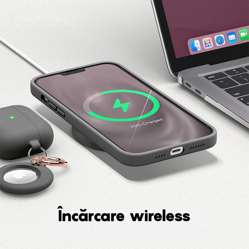 Husa CASEY STUDIOS™ compatibila cu iPhone 13, Soft Silicone Premium, Microfibra in Interior, Dark Gray, de Protectie, Ultra Slim, pentru Incarcare Wireless, Margini Ridicate de Protectia Ecranului si a Camerelor