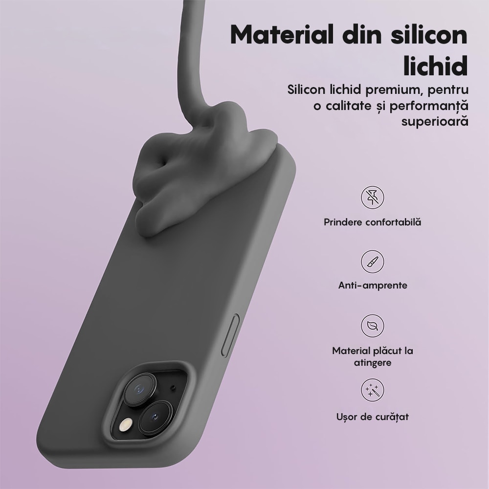Husa CASEY STUDIOS™ compatibila cu iPhone 13, Soft Silicone Premium, Microfibra in Interior, Dark Gray, de Protectie, Ultra Slim, pentru Incarcare Wireless, Margini Ridicate de Protectia Ecranului si a Camerelor
