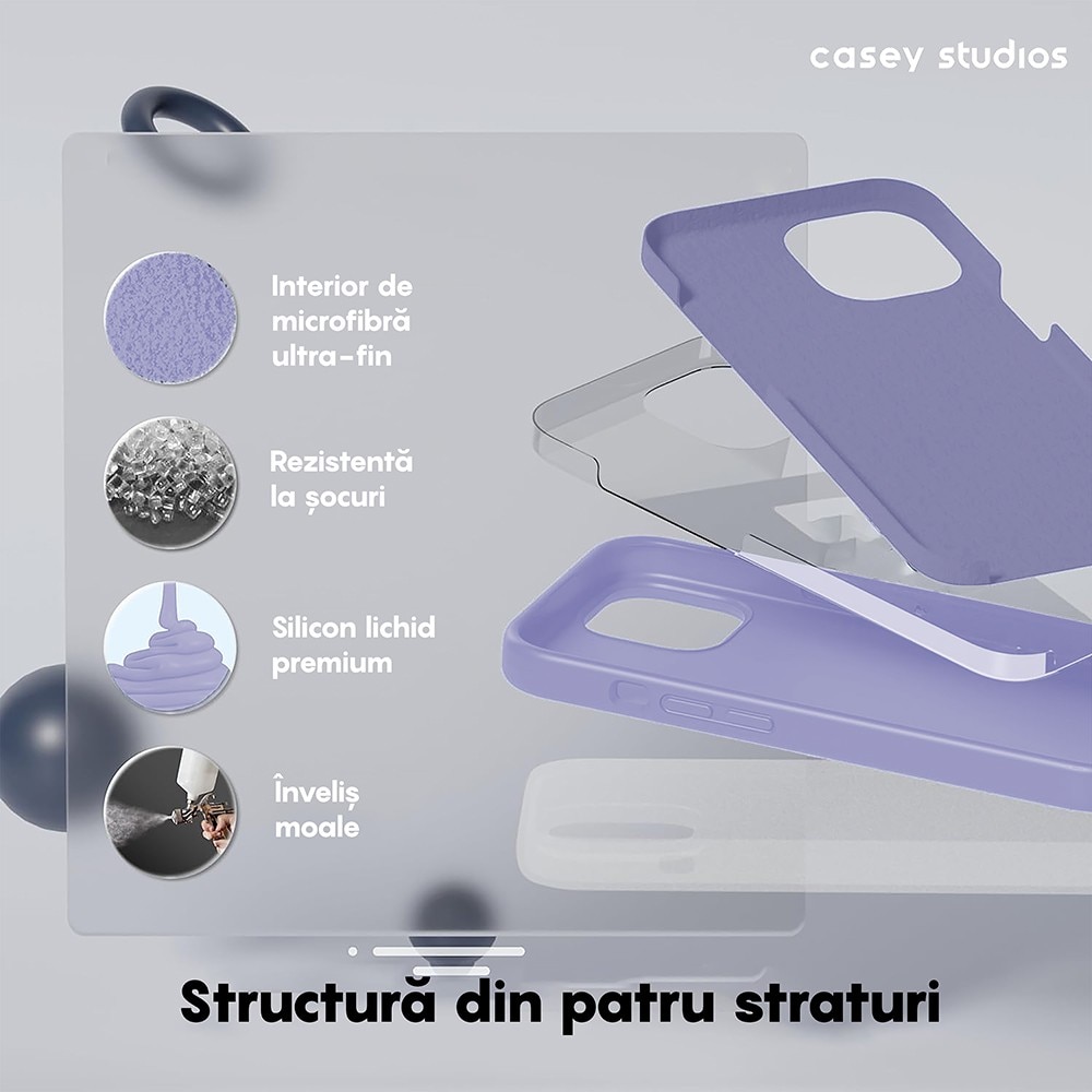 Husa CASEY STUDIOS™ compatibila cu iPhone 13 Mini, Soft Silicone Premium, Microfibra in Interior, Light Lilac, de Protectie, Ultra Slim, pentru Incarcare Wireless, Margini Ridicate de Protectia Ecranului si a Camerelor