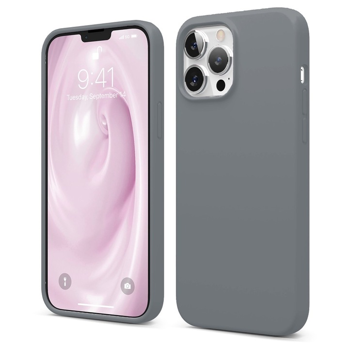 Husa CASEY STUDIOS™ pentru Apple iPhone 13 Pro Max, Soft Silicone Premium, Microfibra in Interior, Dark Gray, de Protectie, Ultra Slim, pentru Incarcare Wireless, Margini Ridicate pentru Protectia Ecranului si a Camerelor