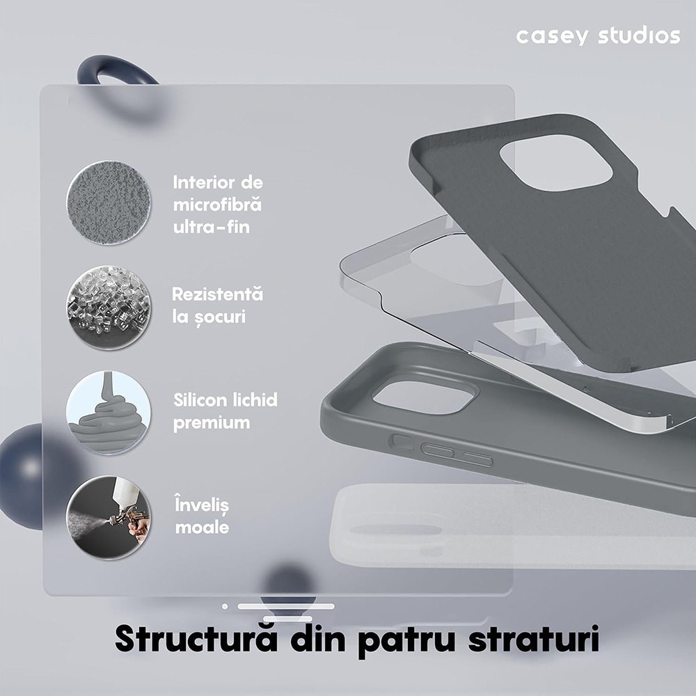 Husa CASEY STUDIOS™ pentru Apple iPhone 13, Soft Silicone Premium, Microfibra in Interior, Dark Gray, de Protectie, Ultra Slim, pentru Incarcare Wireless, Margini Ridicate pentru Protectia Ecranului si a Camerelor