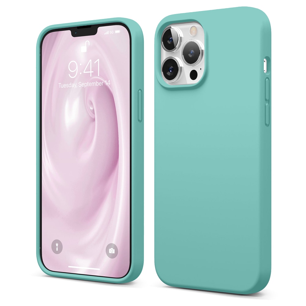Husa CASEY STUDIOS™ pentru Apple iPhone 13 Pro, Soft Silicone Premium, Microfibra in Interior, Turqoise, de Protectie, Ultra Slim, pentru Incarcare Wireless, Margini Ridicate pentru Protectia Ecranului si a Camerelor
