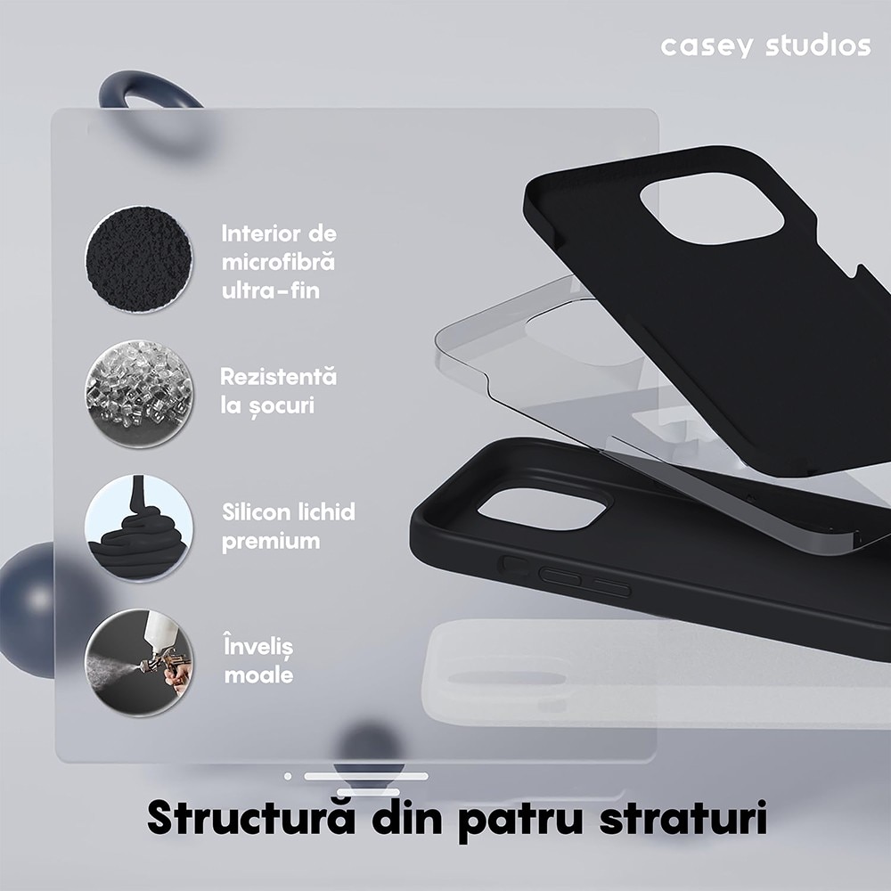 Husa CASEY STUDIOS™ pentru Apple iPhone 15 Pro, Soft Silicone Premium, Microfibra in Interior, Negru, de Protectie, Ultra Slim, pentru Incarcare Wireless, Margini Ridicate pentru Protectia Ecranului si a Camerelor