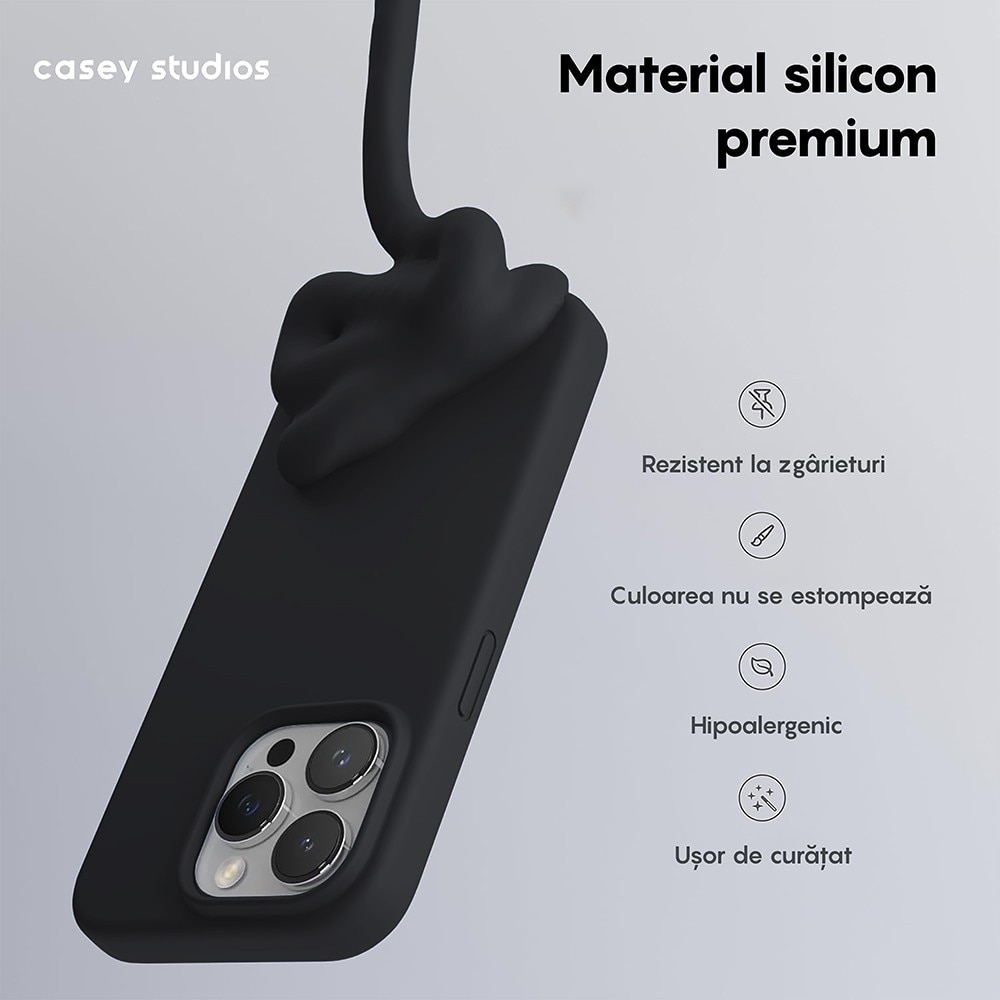 Husa CASEY STUDIOS™ pentru Apple iPhone 15 Pro, Soft Silicone Premium, Microfibra in Interior, Negru, de Protectie, Ultra Slim, pentru Incarcare Wireless, Margini Ridicate pentru Protectia Ecranului si a Camerelor