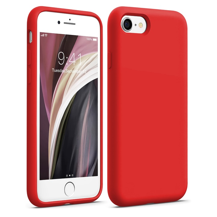 Husa CASEY STUDIOS™ compatibila cu iPhone 7 / 8 / SE 2 / SE 2020 / SE 3 2022, Soft Silicone Premium, Microfibra in Interior, Red, de Protectie, Ultra Slim, pentru Incarcare Wireless, Margini Ridicate de Protectia Ecranului si a Camerelor