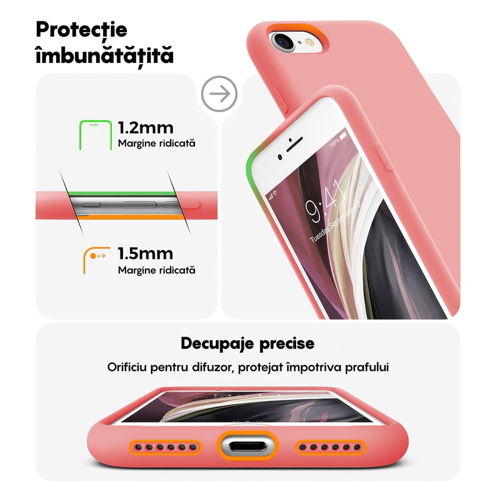 Husa CASEY STUDIOS™ compatibila cu iPhone 7 / 8 / SE 2 / SE 2020 / SE 3 2022, Soft Silicone Premium, Microfibra in Interior, Roz, de Protectie, Ultra Slim, pentru Incarcare Wireless, Margini Ridicate de Protectia Ecranului si a Camerelor