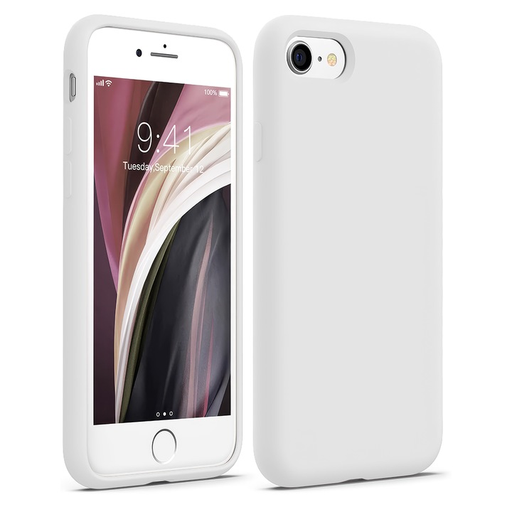 Husa CASEY STUDIOS™ compatibila cu iPhone 7 / 8 / SE 2 / SE 2020 / SE 3 2022, Soft Silicone Premium, Microfibra in Interior, Alb, de Protectie, Ultra Slim, pentru Incarcare Wireless, Margini Ridicate de Protectia Ecranului si a Camerelor