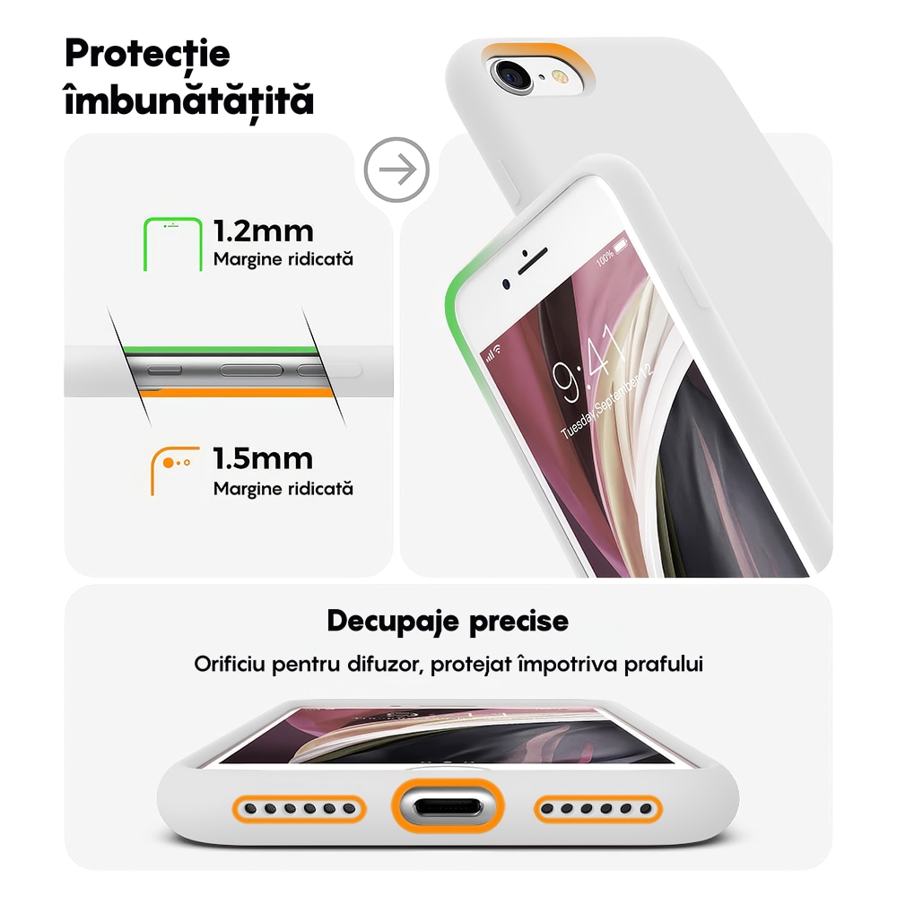 Husa CASEY STUDIOS™ compatibila cu iPhone 7 / 8 / SE 2 / SE 2020 / SE 3 2022, Soft Silicone Premium, Microfibra in Interior, Alb, de Protectie, Ultra Slim, pentru Incarcare Wireless, Margini Ridicate de Protectia Ecranului si a Camerelor