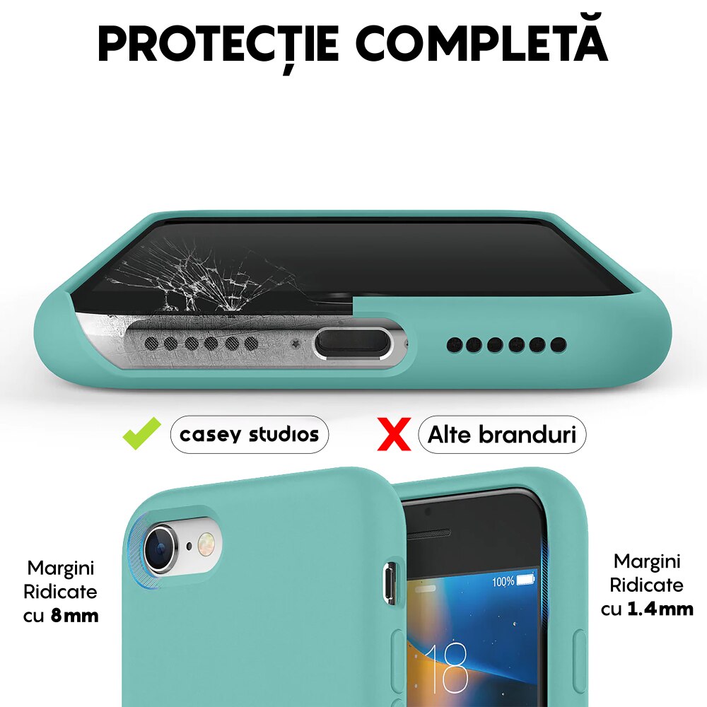 Husa CASEY STUDIOS™ compatibila cu iPhone 7 / 8 / SE 2 / SE 2020 / SE 3 2022, Soft Silicone Premium, Microfibra in Interior, Turqoise, de Protectie, Ultra Slim, pentru Incarcare Wireless, Margini Ridicate de Protectia Ecranului si a Camerelor
