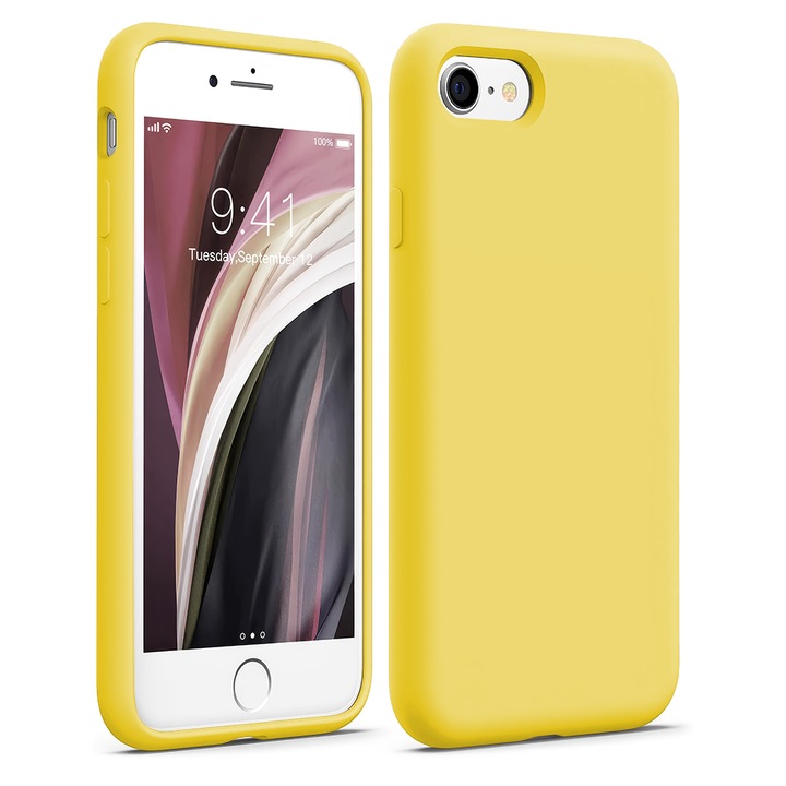 Husa CASEY STUDIOS™ compatibila cu iPhone 7 / 8 / SE 2 / SE 2020 / SE 3 2022, Soft Silicone Premium, Microfibra in Interior, Yellow, de Protectie, Ultra Slim, pentru Incarcare Wireless, Margini Ridicate de Protectia Ecranului si a Camerelor