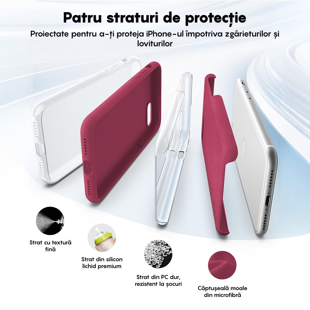 Husa CASEY STUDIOS™ compatibila cu iPhone 7 / 8 / SE 2 / SE 2020 / SE 3 2022, Soft Silicone Premium, Microfibra in Interior, Burgundy, de Protectie, Ultra Slim, pentru Incarcare Wireless, Margini Ridicate de Protectia Ecranului si a Camerelor