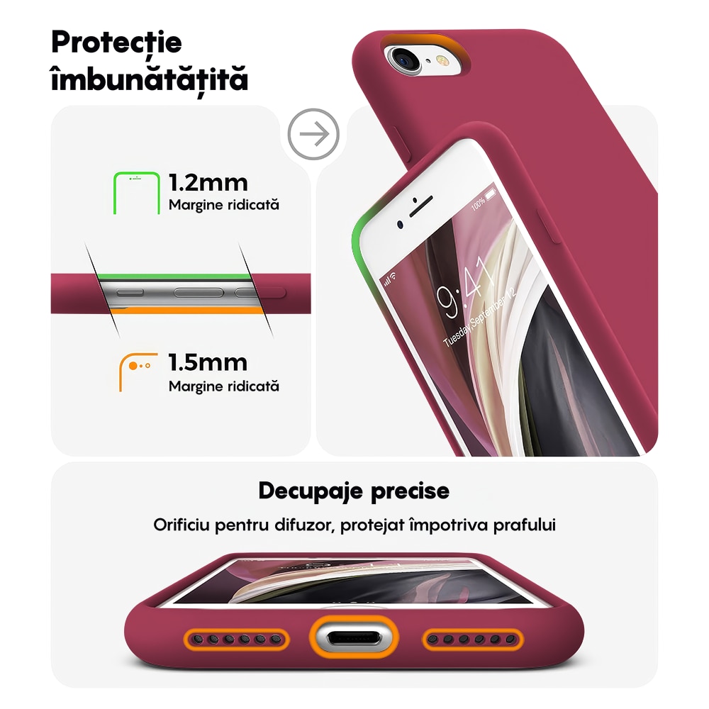 Husa CASEY STUDIOS™ compatibila cu iPhone 7 / 8 / SE 2 / SE 2020 / SE 3 2022, Soft Silicone Premium, Microfibra in Interior, Burgundy, de Protectie, Ultra Slim, pentru Incarcare Wireless, Margini Ridicate de Protectia Ecranului si a Camerelor