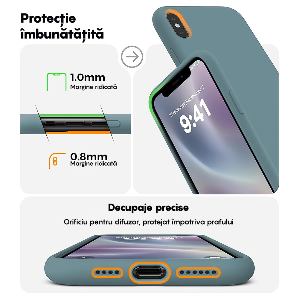 Husa CASEY STUDIOS™ compatibila cu iPhone X / XS, Soft Silicone Premium, Microfibra in Interior, Midnight Blue, de Protectie, Ultra Slim, pentru Incarcare Wireless, Margini Ridicate de Protectia Ecranului si a Camerelor