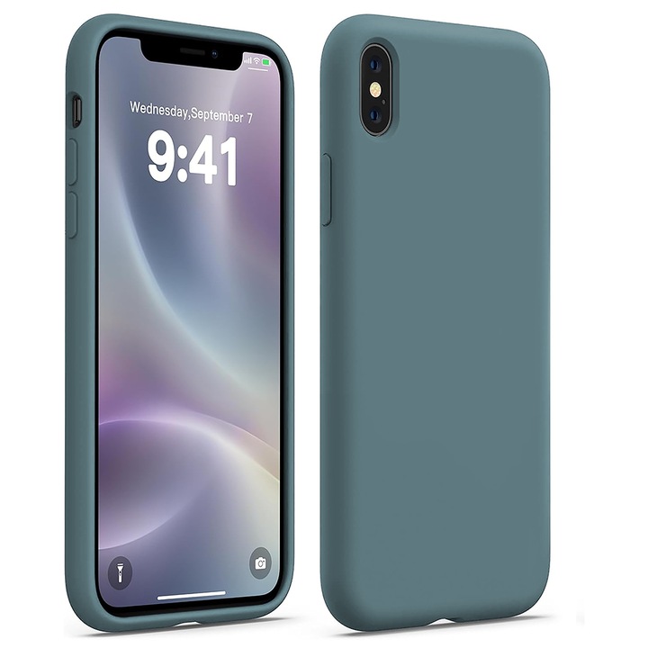 Husa CASEY STUDIOS™ compatibila cu iPhone X / XS, Soft Silicone Premium, Microfibra in Interior, Midnight Blue, de Protectie, Ultra Slim, pentru Incarcare Wireless, Margini Ridicate de Protectia Ecranului si a Camerelor
