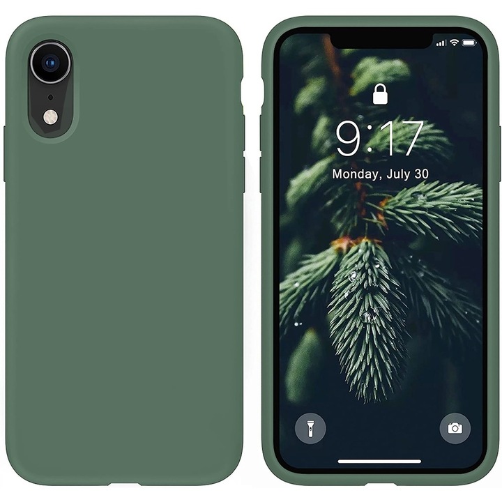 CASEY STUDIOS™ tok iPhone XR-hez, prémium puha szilikon, mikroszálas belső, erdőzöld, védő, ultravékony, vezeték nélküli töltés, megemelt élek a képernyő és a kamera védelméhez