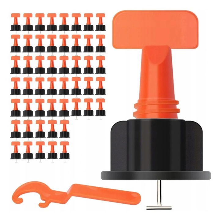 Set 50 de cleme pentru nivelarea placilor + cheie, Vorfal, Faianta, 3 - 16 mm, Portocaliu & Negru