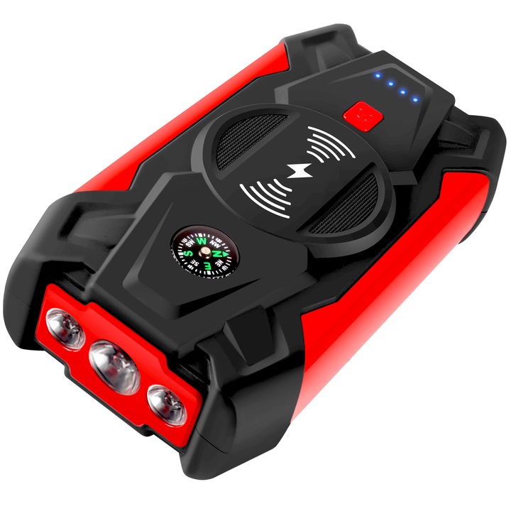 HouDeOS Autó indító akkumulátor, benzin/dízel motorhoz, 28000mAh, 12V, 4/6L, 10W, 17x9x4 cm, piros/fekete