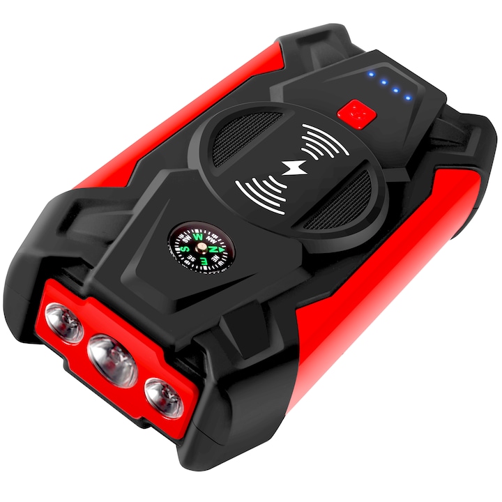 HouDeOS Autó indító akkumulátor, benzin/dízel motorhoz, 28000mAh, 12V, 4/6L, 10W, 17x9x4 cm, piros/fekete