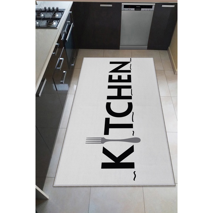 Covor de bucatarie Kitchen Oyo Home, 80x200 cm, poliester, print digital, spate antiderapant, alb/negru