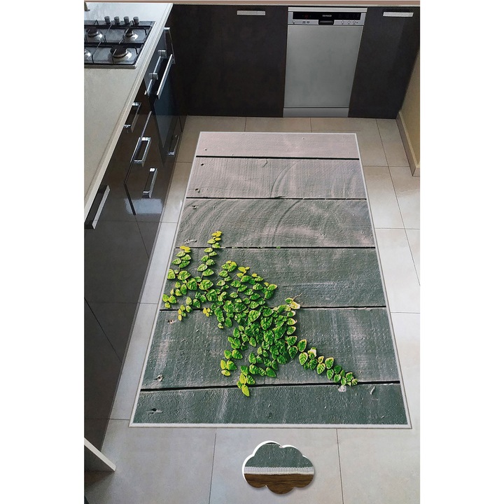 Covor de bucatarie Leaves Oyo Home, 80x200 cm, poliester, print digital, spate antiderapant, multicolor
