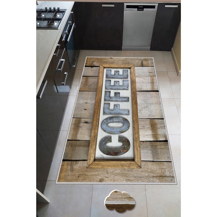 Килим Coffee Oyo Home, За кухня, 100x200 см, Полиестер, Дигитален печат, Неплъзгащ се, Бежов/Сив