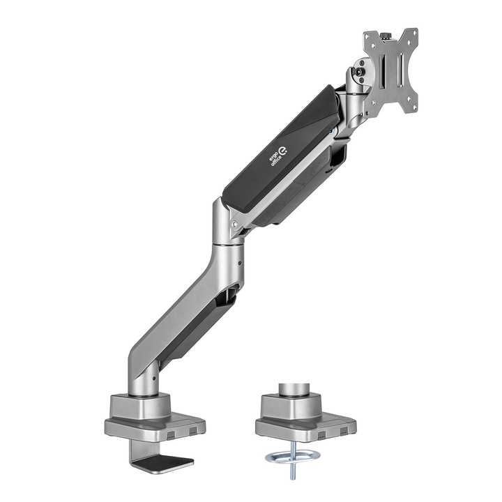 Suport monitor Ergo Office ER-445, 17-35'', max 15 kg, VESA 75x75/100x100, arc cu gaz, reglabil pe inaltime 165-450 mm, inclinare ±45°, rotire ±90°, pivot ±180°, gestionare cabluri, montare cu clema