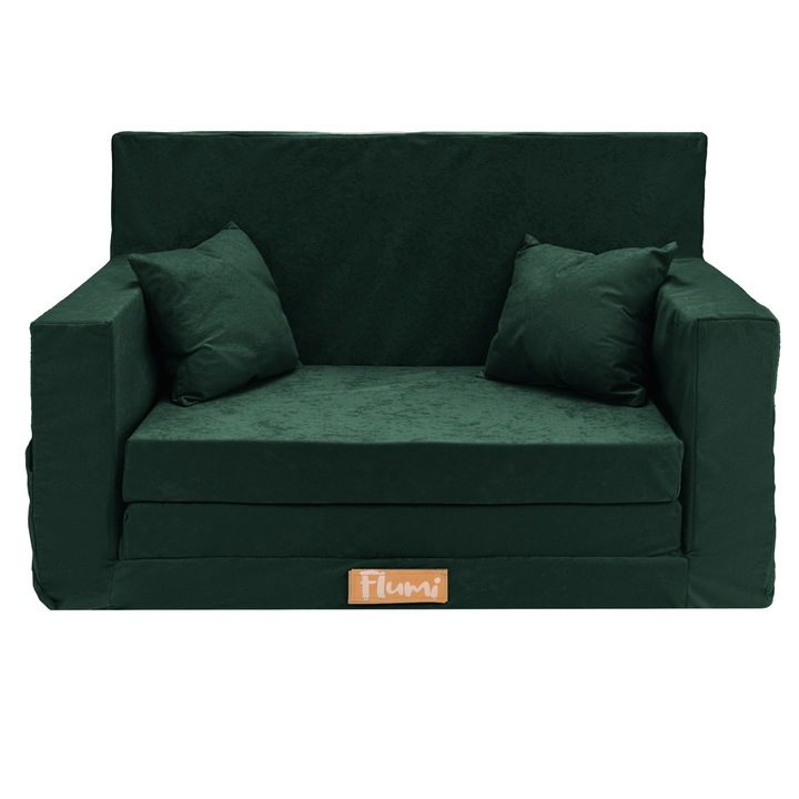 Canapea extensibila pentru copii din spuma, model mikrofaza, 2 locuri, husa detasabila si lavabila, kolor verde sticla, Flumi