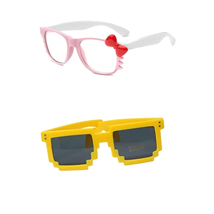 Комплект детски парти очила Nerd Clear 92054-72-3, 2 броя, Светещи в тъмното, UV 400, Жълти и розов/бял