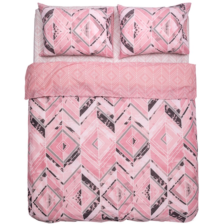 Спален комплект Heinner Home, 2 лица, 100% памук 132 TC, Плик за завивка 180x215 см, Чаршаф 200x220 см, 2 калъфки за възглавници 50x70 см, 4 части, Геометричен принт, Розов/Кафяв