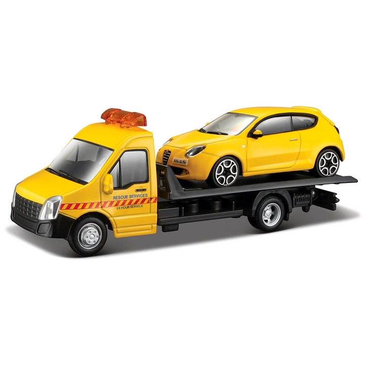 Macheta auto Bburago, Trucker cu Modelul Auto Alfa Romeo Mito, galben, 1:43