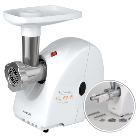 Masina de tocat Sencor SMG 4381, 1500 W, 1.65 kg carne/min, 3 discuri tocare, Functie reverse, Alb