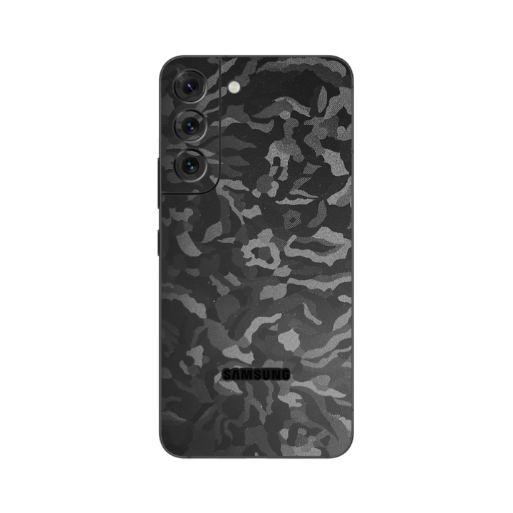 Folie iSkinz pentru Samsung Galaxy S22 5G - Camo Negru Black Shadow 360 Cut, Skin Adeziv Full Body Cover, Protectie Carcasa Spate si Laterale