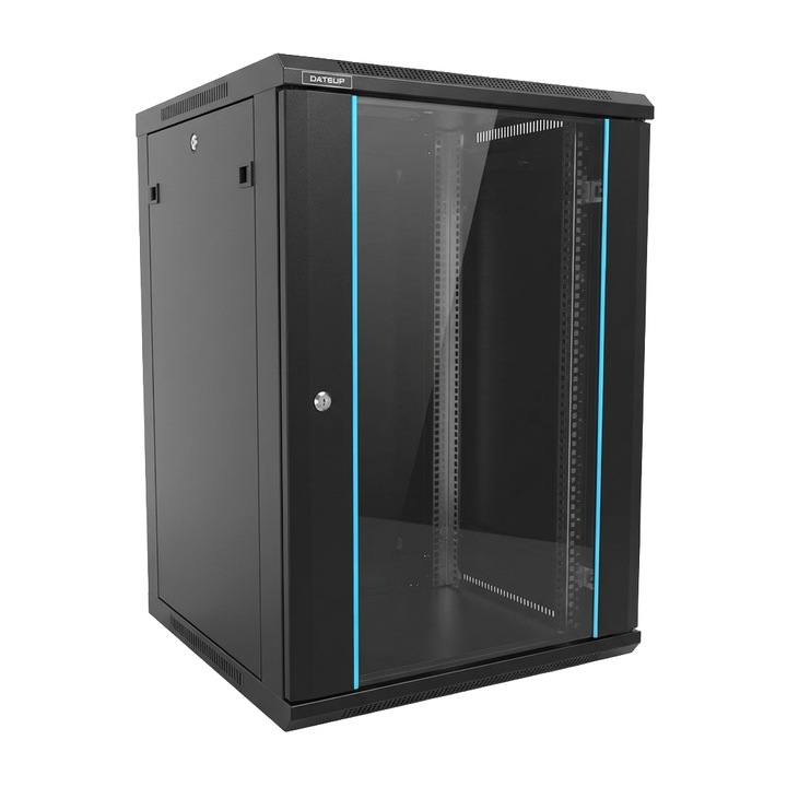 Rack 19'' 12U 600x600, de perete, usa din sticla, panouri detasabile si securizate, dezasamblat, capacitate 70kg, negru RAL9004, DATEUP