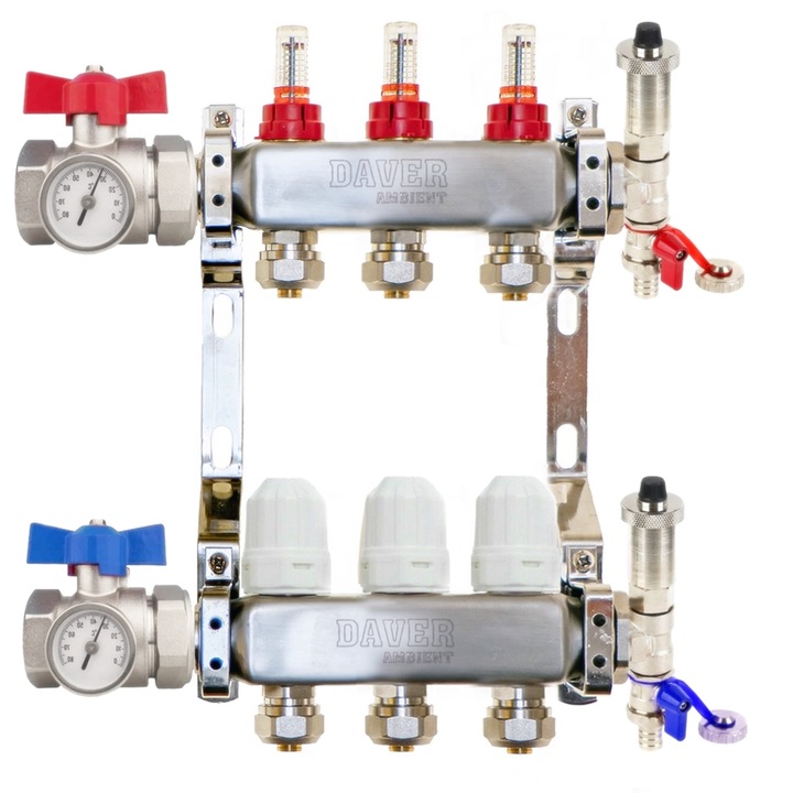 Distribuitor complet 1" / 3 circuite cu conectori EK x 16 mm, incalzire in pardoseala, seria Premium, Daver
