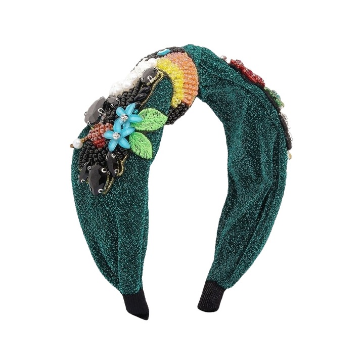 Bentita verde, cu margelute, pietre si pasrea Tucano, Feline C2, Pursehuit