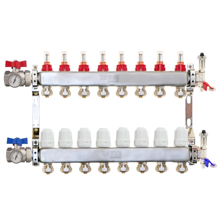 Distribuitor complet 1" / 8 circuite cu conectori EK x 16 mm, incalzire in pardoseala, seria Premium, Daver