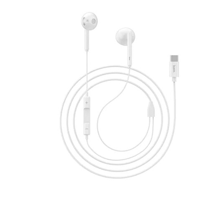 Слушалки за поставяне в ушите с микрофон, HOCO L10, Съвместими със смартфон, USB Type C конектор, Бял