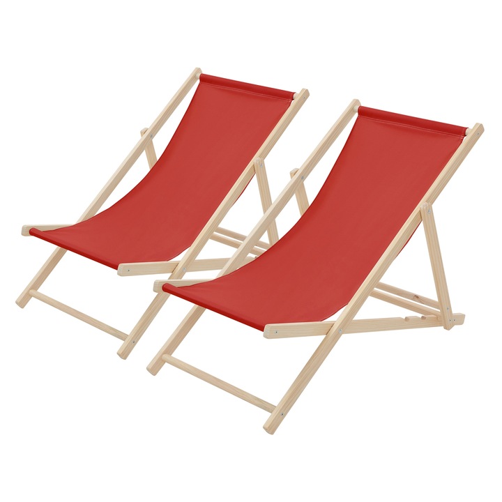 Set 2x Scaun pliabil de plaja ECD Germany structura din lem si tesatura rosu, spatar reglabil in 3 pozitii, sezlong de relaxare pentru gradina, piscina, balcon sau terasa, capacitate de 120 kg