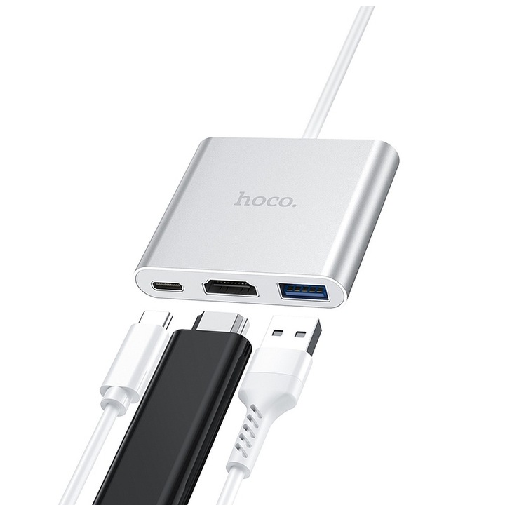 Хъб Hoco HB14, Type-C ( Type-C to USB3.0+HDMI+PD), Сребрист