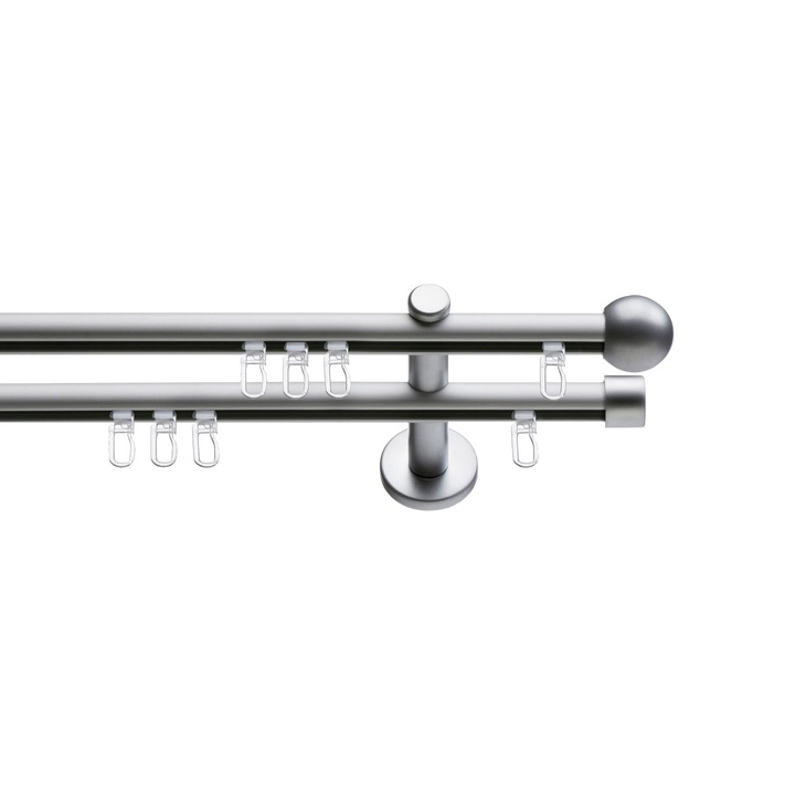 Set galerie metalica Dop rotund, dubla, tip profil, nichel satinat, Ø 19 mm, 100 cm, accesorii incluse