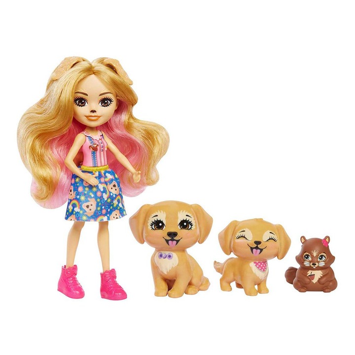 Set de joaca Enchantimals, City Tails Families, Gerika Golden Retriever, papusa cu animale, 12cm