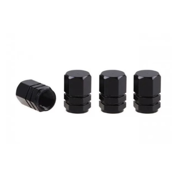 Set Capace Ventil din Aluminiu, Valva Rotunda, Negru, 4 Bucati