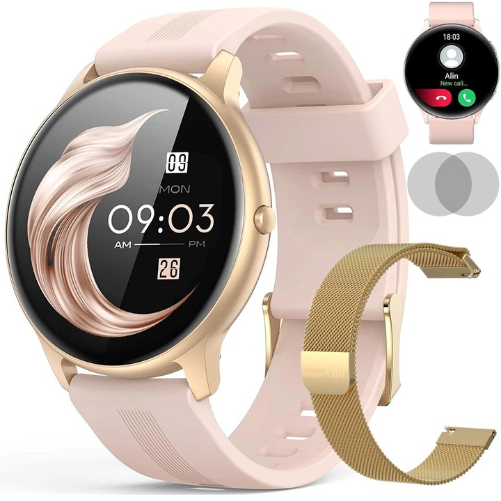 Часовник Smartwatch SmartVIBE™ WiX, Ултра тънък калъф, Bluetooth разговор, Пълно докосване, Фитнес тракер 24/7, Мониторинг на пулс/сън/оксиметър, Известия, Автономия 10 дни, Мулти спорт, злато