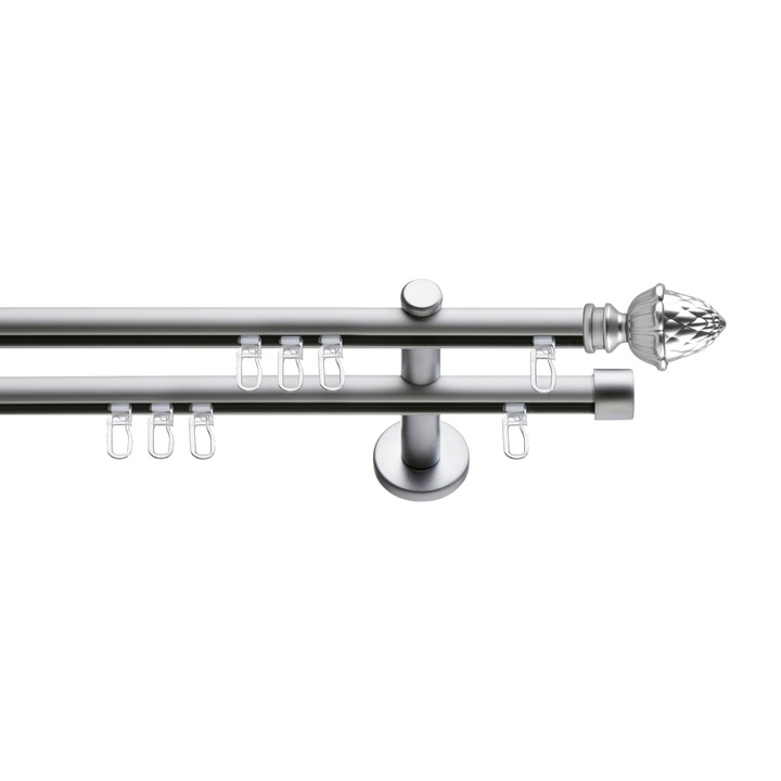 Set galerie metalica Ghinda, dubla, tip profil, nichel satinat, Ø 19 mm, 120 cm, accesorii incluse