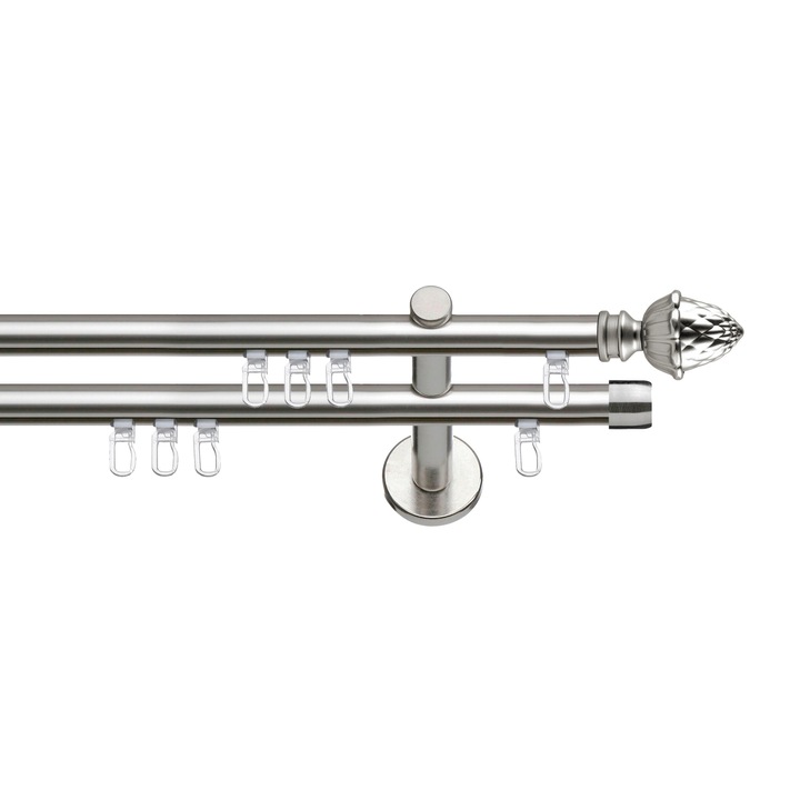 Set galerie metalica Ghinda, dubla, tip profil, nichel, Ø 19 mm, 160 cm, accesorii incluse