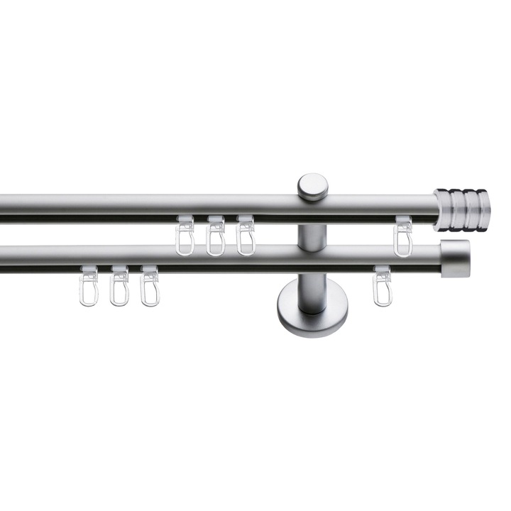 Set galerie metalica Cilindru striat, dubla, tip profil, nichel satinat, Ø 19 mm, 160 cm, accesorii incluse