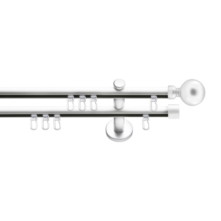 Set galerie metalica Ball, dubla, tip profil, alb, Ø 19 mm, 240 cm - 4 x 120 cm cu element de legatura, accesorii incluse